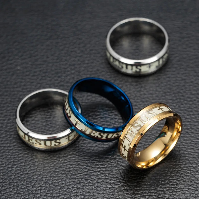 Euramerican Rings for Men Women Jesus Cross Stainless Steel Luminou Glow in Dark Fluorescent Band Ring Wholesale Jewelry